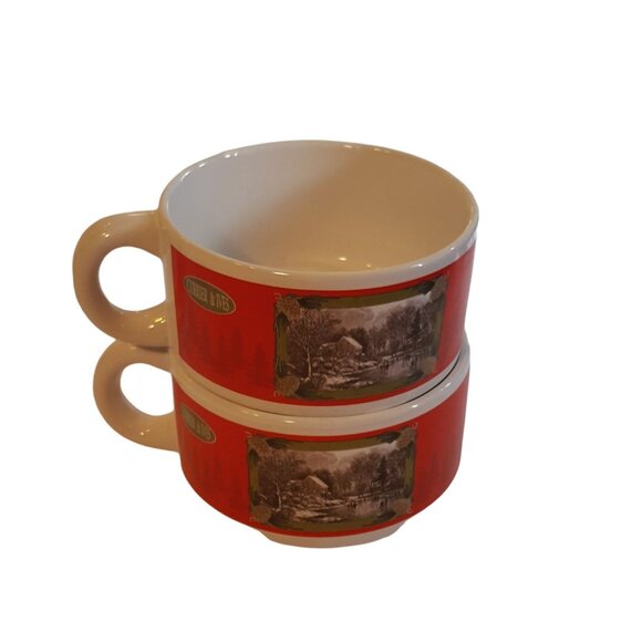 Currier and Ives Stackable Soup Mugs Houston Harvest SET of 2 Red Winter Scene - Picture 4 of 8